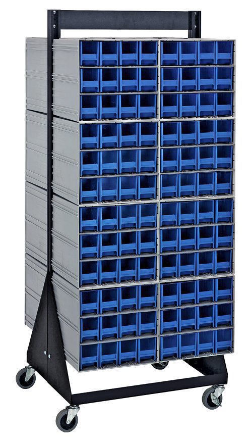 The Quantum Interlocking Storage Cabinets Floor Stand is a double-sided unit with 192 blue drawers, interlocking for secure storage, set on a sturdy black 14-gauge steel frame, and equipped with four caster wheels for mobility; dimensions are 24D x 23-5/8W x 52H with a load capacity of 750 lbs.
