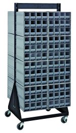 The Quantum Interlocking Storage Cabinets Floor Stand, measuring 24D x 23-5/8W x 52H, is double-sided and holds up to 750 lbs. It includes (16) QIC-122 with (192) gray drawers on a sturdy black-coated 14 gauge steel frame with four wheels for easy mobility and efficient space organization.