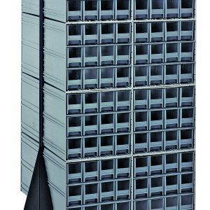 The Quantum Interlocking Storage Cabinets Floor Stand, measuring 24D x 23-5/8W x 52H, is double-sided and holds up to 750 lbs. It includes (16) QIC-122 with (192) gray drawers on a sturdy black-coated 14 gauge steel frame with four wheels for easy mobility and efficient space organization.