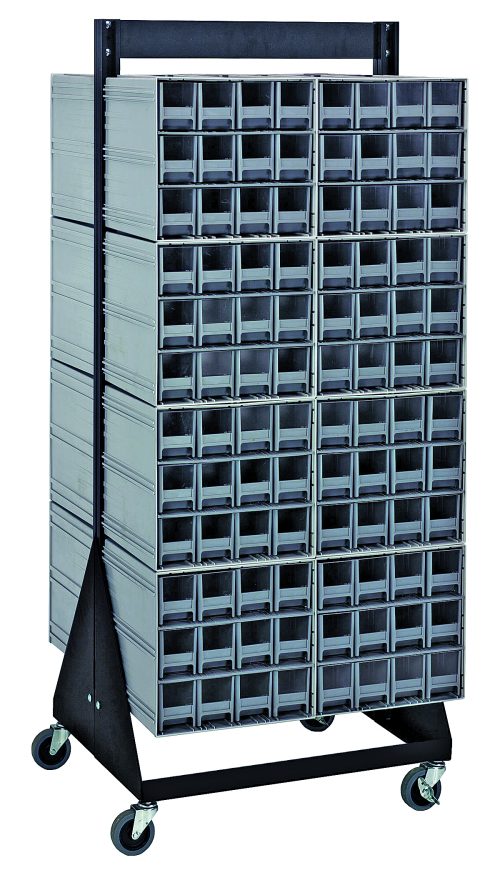 The Quantum Interlocking Storage Cabinets Floor Stand, measuring 24D x 23-5/8W x 52H, is double-sided and holds up to 750 lbs. It includes (16) QIC-122 with (192) gray drawers on a sturdy black-coated 14 gauge steel frame with four wheels for easy mobility and efficient space organization.