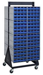 The Quantum Interlocking Storage Cabinets Floor Stand, featuring 16 QIC-161 units with 256 blue drawers, double-sided design, and a 750 lbs. load capacity, is crafted from durable 14-gauge steel with a black coated finish and includes a top handle for mobility. Dimensions: 24D x 23-5/8W x 52H.