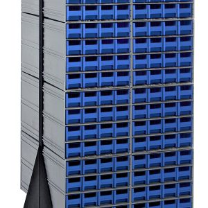 The Quantum Interlocking Storage Cabinets Floor Stand, featuring 16 QIC-161 units with 256 blue drawers, double-sided design, and a 750 lbs. load capacity, is crafted from durable 14-gauge steel with a black coated finish and includes a top handle for mobility. Dimensions: 24D x 23-5/8W x 52H.