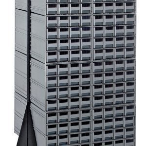 The Quantum Interlocking Storage Cabinets Floor Stand is a black, double-sided unit with interlocking cabinets and 256 gray open-front bins. It measures 24D x 23-5/8W x 52H, includes (16) Qic-161, and has a load capacity of 750 lbs., offering easy mobility for optimal organization.