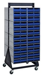 The Quantum Interlocking Storage Cabinets Floor Stand, standing 52 high with a black coated finish, includes 96 blue drawers. Its built from 14-gauge steel and features caster wheels for easy mobility, supporting a load capacity of 750 lbs.