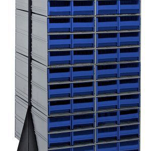 The Quantum Interlocking Storage Cabinets Floor Stand, standing 52 high with a black coated finish, includes 96 blue drawers. Its built from 14-gauge steel and features caster wheels for easy mobility, supporting a load capacity of 750 lbs.