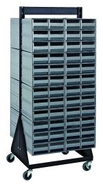 The Quantum Interlocking Storage Cabinets Floor Stand, double-sided and measuring 24D x 23-5/8W x 52H, features a black coated finish with (16) QIC-64 units and (96) gray drawers. Made from 14-gauge steel, it holds up to 750 lbs. and has caster wheels for easy mobility.