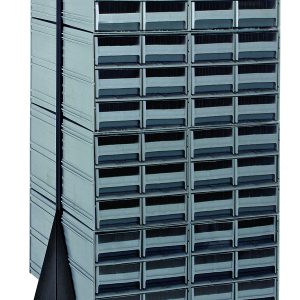 The Quantum Interlocking Storage Cabinets Floor Stand, double-sided and measuring 24D x 23-5/8W x 52H, features a black coated finish with (16) QIC-64 units and (96) gray drawers. Made from 14-gauge steel, it holds up to 750 lbs. and has caster wheels for easy mobility.