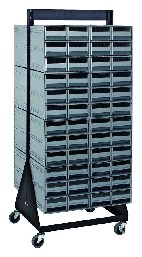 The Quantum Interlocking Storage Cabinets Floor Stand, double-sided and measuring 24D x 23-5/8W x 52H, features a black coated finish with (16) QIC-64 units and (96) gray drawers. Made from 14-gauge steel, it holds up to 750 lbs. and has caster wheels for easy mobility.