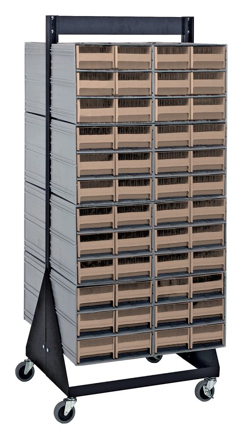 The Quantum Interlocking Storage Cabinets Floor Stand is a tall, double-sided unit (24D x 23-5/8W x 52H) with a black coated finish, featuring (96) ivory drawers with clear fronts and (16) QIC-64 inserts. It supports up to 750 lbs and has wheels for easy mobility.