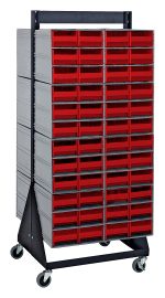 The Quantum Interlocking Storage Cabinet Floor Stand is double-sided, mounted on wheels, and features a black 14-gauge steel frame. Measuring 24D x 23-5/8W x 52H, it includes (16) QIC-64 and (96) vibrant red drawers with a robust load capacity of 750 lbs.