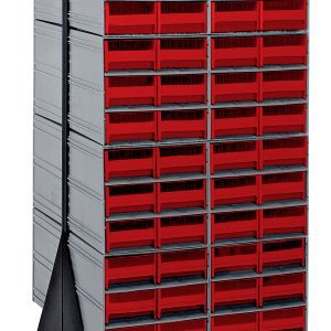 The Quantum Interlocking Storage Cabinet Floor Stand is double-sided, mounted on wheels, and features a black 14-gauge steel frame. Measuring 24D x 23-5/8W x 52H, it includes (16) QIC-64 and (96) vibrant red drawers with a robust load capacity of 750 lbs.