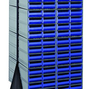 The Quantum Interlocking Storage Cabinets Floor Stand is double-sided, measuring 24D x 23-5/8W x 52H. It features a durable black-coated 14-gauge steel frame with four wheels and holds up to 750 lbs. Includes (16) QIC-83 and (128) blue drawers for versatile item storage.