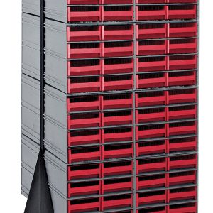 The Quantum Interlocking Storage Cabinets Floor Stand features dimensions of 24D x 23-5/8W x 52H, supports up to 750 lbs, and includes (16) QIC-83 with (128) red drawers. It is supported by a black-coated, double-sided frame made of 14-gauge steel for efficient organization.