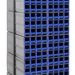 The Quantum Interlocking Storage Cabinets Floor Stand is a double-sided, black-coated steel rack measuring 24D x 23-5/8W x 75H. With a 750 lbs. load capacity, it features multiple rows of blue drawers, perfect for organizing tools or parts in workshops and garages, while ensuring space efficiency and stability.