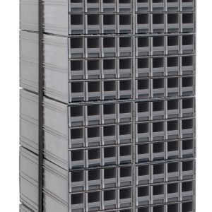 The Quantum Interlocking Storage Cabinets Floor Stand features a double-sided, tall design (75H x 24D x 23-5/8W) with black-coated 14-gauge steel and triangular supports. It includes 288 gray drawers for efficient organization, boasting a load capacity of 750 lbs.
