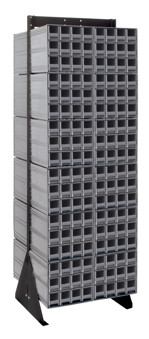 The Quantum Interlocking Storage Cabinets Floor Stand features a double-sided, tall design (75H x 24D x 23-5/8W) with black-coated 14-gauge steel and triangular supports. It includes 288 gray drawers for efficient organization, boasting a load capacity of 750 lbs.