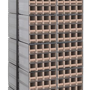 A black steel Quantum Interlocking Storage Cabinets Floor Stand, double-sided with a 750 lbs. load capacity, neatly organizes vertical stacks of (288) ivory drawers and (24) Qic-122 within its 24D x 23-5/8W x 75H frame.