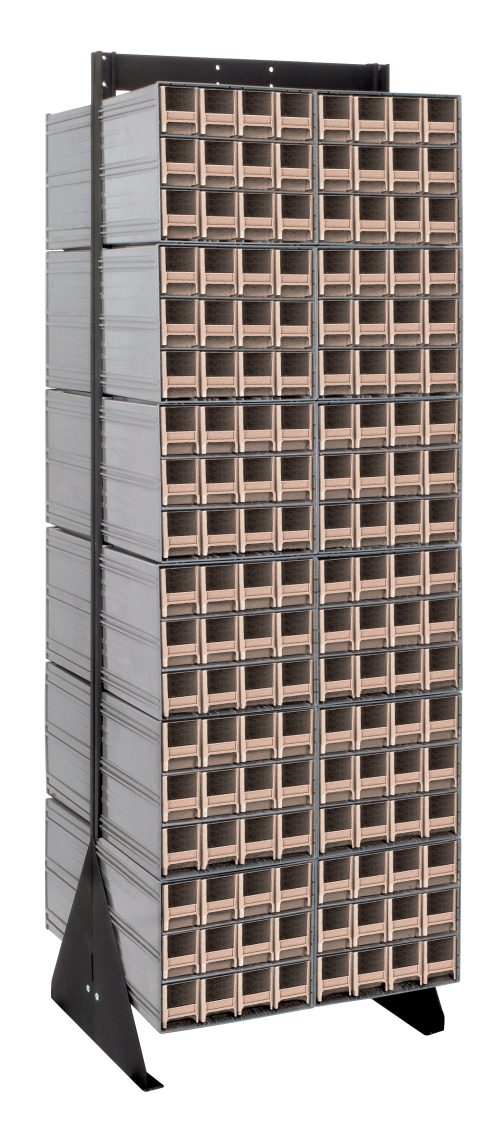 A black steel Quantum Interlocking Storage Cabinets Floor Stand, double-sided with a 750 lbs. load capacity, neatly organizes vertical stacks of (288) ivory drawers and (24) Qic-122 within its 24D x 23-5/8W x 75H frame.
