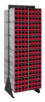 The Quantum Interlocking Storage Cabinets Floor Stand is double-sided, measuring 24D x 23-5/8W x 75H with a load capacity of 750 lbs. It features (288) red drawers with black fronts and red handles, supported by a sturdy frame made from 14-gauge steel, finished in black.