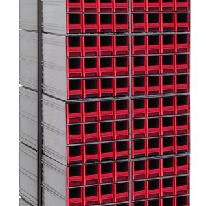 The Quantum Interlocking Storage Cabinets Floor Stand is double-sided, measuring 24D x 23-5/8W x 75H with a load capacity of 750 lbs. It features (288) red drawers with black fronts and red handles, supported by a sturdy frame made from 14-gauge steel, finished in black.