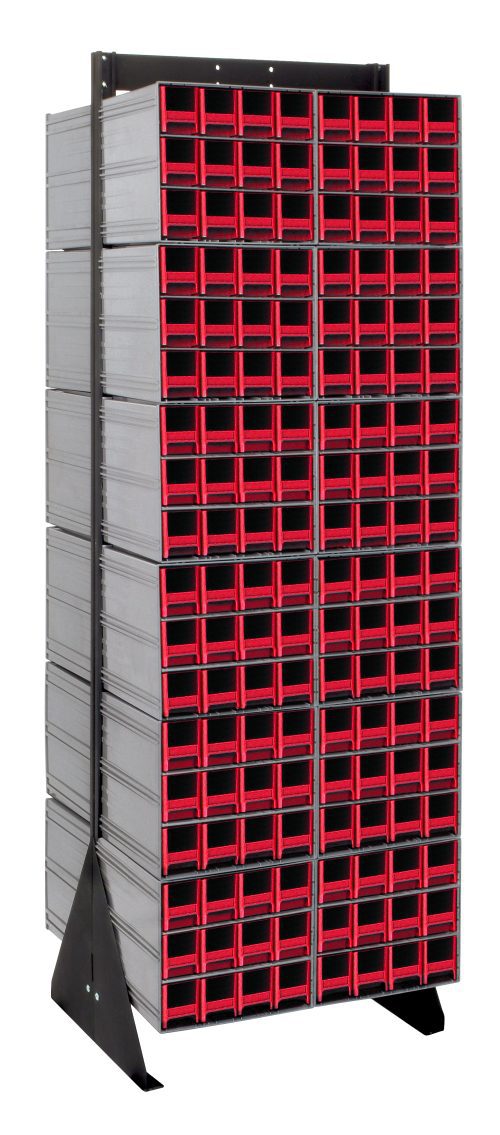 The Quantum Interlocking Storage Cabinets Floor Stand is double-sided, measuring 24D x 23-5/8W x 75H with a load capacity of 750 lbs. It features (288) red drawers with black fronts and red handles, supported by a sturdy frame made from 14-gauge steel, finished in black.