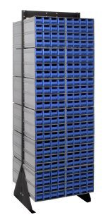 The Quantum Interlocking Storage Cabinets Floor Stand, double-sided and measuring 24D x 23-5/8W x 75H, boasts a black-coated 14-gauge steel frame. It supports a grid of 384 blue drawers with a total load capacity of 750 lbs., providing a clean, organized look.