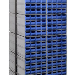 The Quantum Interlocking Storage Cabinets Floor Stand, double-sided and measuring 24D x 23-5/8W x 75H, boasts a black-coated 14-gauge steel frame. It supports a grid of 384 blue drawers with a total load capacity of 750 lbs., providing a clean, organized look.
