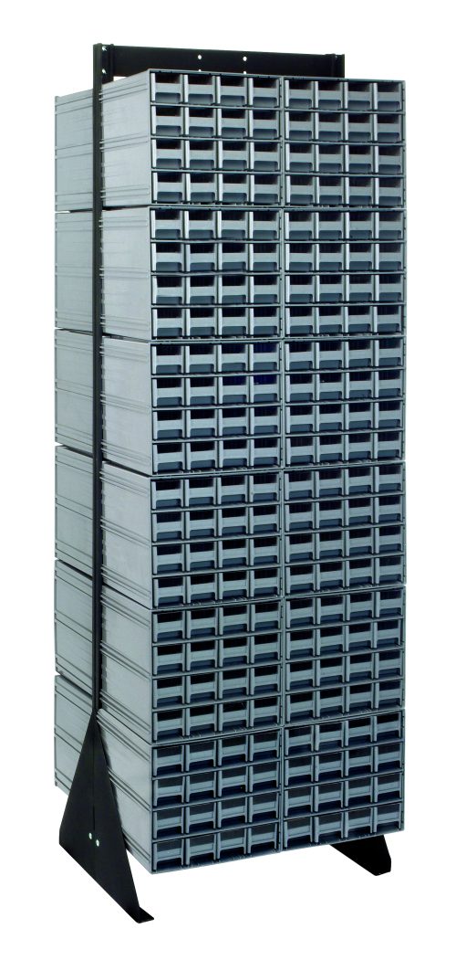 A large, double-sided Quantum Interlocking Storage Cabinet with 384 gray grid-patterned drawers in black metal frames is supported by two triangular legs. It holds up to 750 lbs and includes (24) QIC-161. Dimensions: 24D x 23-5/8W x 75H, made from black-coated 14 gauge steel.
