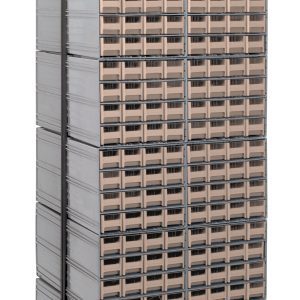 The Quantum Interlocking Storage Cabinets Floor Stand includes 384 ivory drawers in a symmetrical grid, secured on a double-sided rack. With its robust 14-gauge black-coated steel frame, it measures 24D x 23-5/8W x 75H and supports up to 750 lbs for efficient storage.