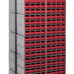 The Quantum Interlocking Storage Cabinets Floor Stand is a double-sided, black-coated unit measuring 24D x 23-5/8W x 75H. It features a metallic frame with 384 red drawers and a load capacity of 750 lbs., expertly organizing small items or tools in multiple rows and columns.