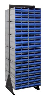 The Quantum Interlocking Storage Cabinets Floor Stand is a 75 tall, double-sided unit with 144 blue drawers on a black base, featuring a 750 lbs. load capacity. Made of 14-gauge steel, it measures 24D x 23-5/8W and includes (24) Qic-64 for efficient organization of small items or tools.