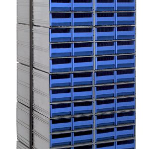 The Quantum Interlocking Storage Cabinets Floor Stand is a 75 tall, double-sided unit with 144 blue drawers on a black base, featuring a 750 lbs. load capacity. Made of 14-gauge steel, it measures 24D x 23-5/8W and includes (24) Qic-64 for efficient organization of small items or tools.