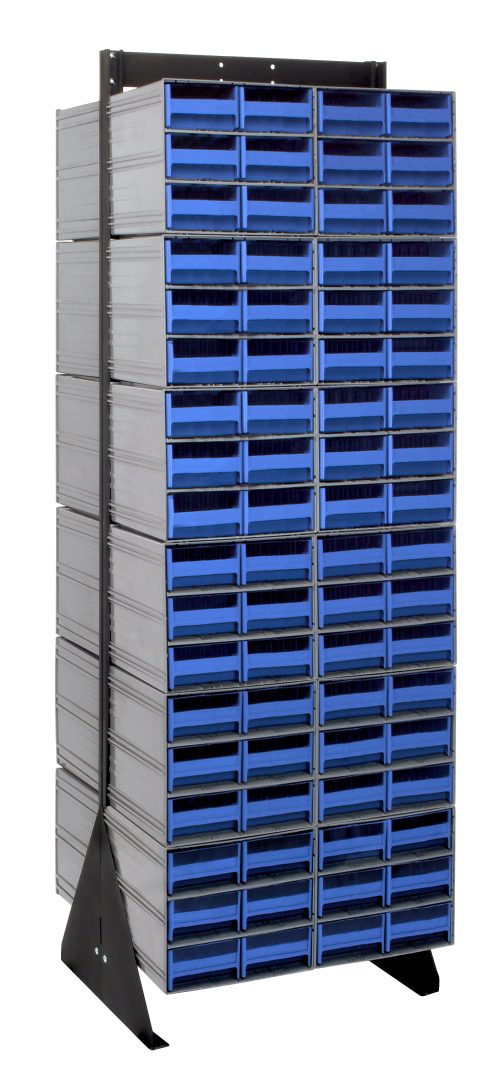 The Quantum Interlocking Storage Cabinets Floor Stand is a 75 tall, double-sided unit with 144 blue drawers on a black base, featuring a 750 lbs. load capacity. Made of 14-gauge steel, it measures 24D x 23-5/8W and includes (24) Qic-64 for efficient organization of small items or tools.
