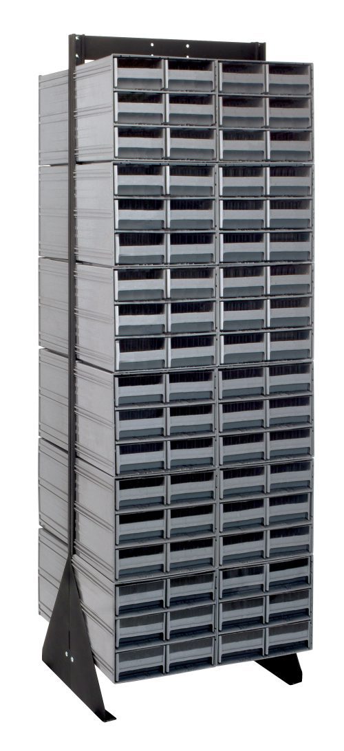 The Quantum Interlocking Storage Cabinets Floor Stand is a double-sided, 24D x 23-5/8W x 75H unit made of black-coated 14-gauge steel. It holds up to 750 lbs and features multiple rows of small gray drawers for efficient organizing, perfect for storing small items with its triangular base.