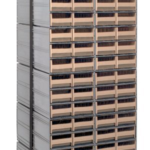 The Quantum Interlocking Storage Cabinets Floor Stand, double-sided and measuring 24D x 23-5/8W x 75H, features 144 ivory drawers for small item storage. It has a sturdy triangular base, supports up to 750 lbs., and is made from black-coated 14-gauge steel.