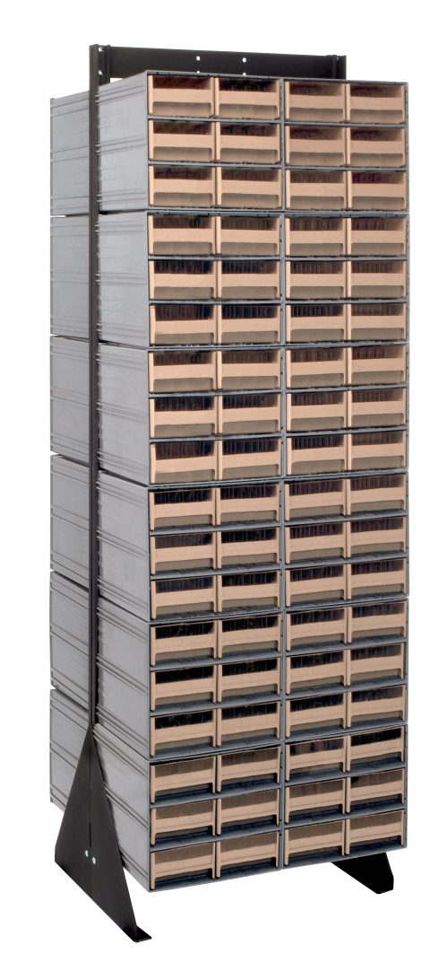 The Quantum Interlocking Storage Cabinets Floor Stand, double-sided and measuring 24D x 23-5/8W x 75H, features 144 ivory drawers for small item storage. It has a sturdy triangular base, supports up to 750 lbs., and is made from black-coated 14-gauge steel.