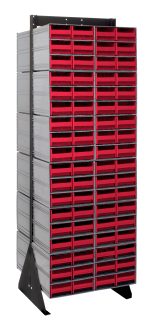 The Quantum Interlocking Storage Cabinet Floor Stand is a tall, double-sided rack made of 14-gauge steel with a black coated finish. Measuring 24D x 23-5/8W x 75H, it includes (24) QIC-64 bins and (144) red drawers, offering a perfect solution for organizing small items on its sturdy frame.