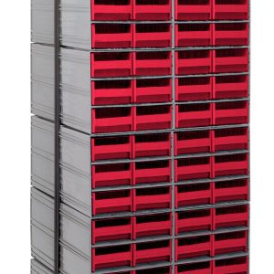 The Quantum Interlocking Storage Cabinet Floor Stand is a tall, double-sided rack made of 14-gauge steel with a black coated finish. Measuring 24D x 23-5/8W x 75H, it includes (24) QIC-64 bins and (144) red drawers, offering a perfect solution for organizing small items on its sturdy frame.