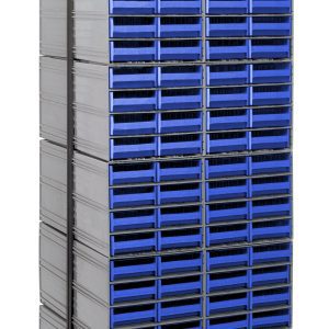 The Quantum Interlocking Storage Cabinets Floor Stand features a double-sided design with 192 blue QIC-83 drawers. Measuring 24D x 23-5/8W x 75H, it offers a sturdy frame and triangular base for stability, supporting up to 750 lbs. Made from 14-gauge steel, it has a durable black coated finish.