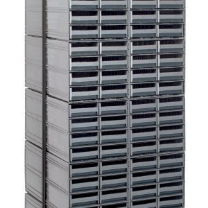 The Quantum Interlocking Storage Cabinets Floor Stand, sized at 24D x 23-5/8W x 75H, features a double-sided design with a black-coated sturdy frame. It includes (192) gray drawers, supports up to 750 lbs., and is constructed from 14-gauge steel for efficient item organization.