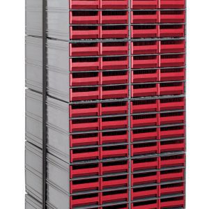 The Quantum Interlocking Storage Cabinets Floor Stand is a double-sided unit with a black base, measuring 24D x 23-5/8W x 75H. It includes 192 red drawers and supports up to 750 lbs., offering efficient organization with durable 14-gauge steel construction and a sleek black coated finish.