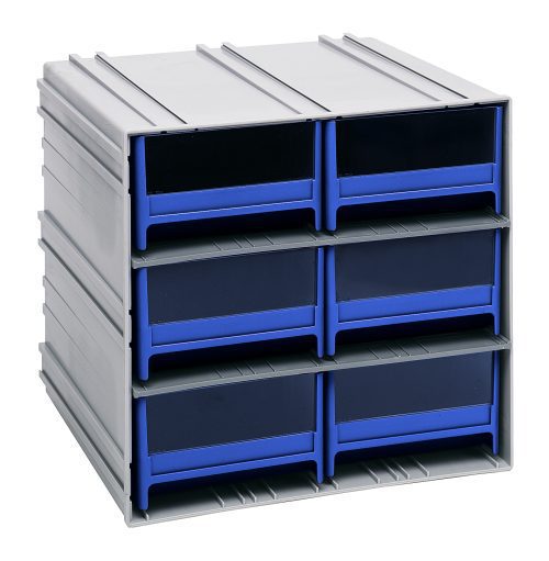The Quantum Interlocking Storage Cabinet, made in the USA, has a gray blocky design with two columns and three rows of blue pull-out drawers. Each 11-3/8D x 11-3/4W x 11H drawer includes windows and two dividers for organizing items efficiently. The cabinets interlock or can be wall-mounted.