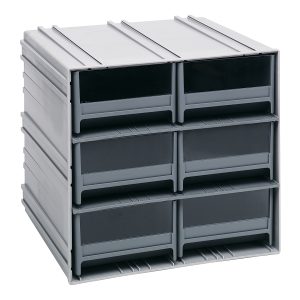 The Quantum Interlocking Storage Cabinets feature six gray IDR204 drawers stacked in two columns and three rows, each with a sleek black front. The system interlocks horizontally and vertically or can be wall-mounted, boasting seamless grooved edges for a neat look. Made in the USA.