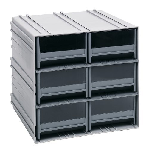 The Quantum Interlocking Storage Cabinets feature six gray IDR204 drawers stacked in two columns and three rows, each with a sleek black front. The system interlocks horizontally and vertically or can be wall-mounted, boasting seamless grooved edges for a neat look. Made in the USA.