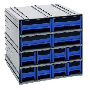 The Quantum Interlocking Storage Cabinets are compact and stackable, featuring blue drawers and black pull-out options. Measuring 11-3/8D x 11-3/4W x 11H, each cabinet includes (8) IDR201, (4) IDR203, windows, and two dividers per drawer. They interlock both horizontally and vertically or can be wall-mounted.