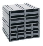 The Quantum Interlocking Storage Cabinets in gray measure 11-3/8D x 11-3/4W x 11H, featuring cubical design with four slot rows, windows, and two dividers per drawer. They interlock horizontally or vertically for efficient storage and can be wall-mounted. Made in USA.