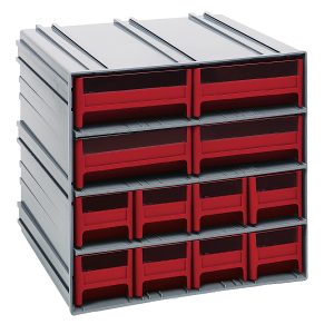 The Quantum Interlocking Storage Cabinet, measuring 11-3/8D x 11-3/4W x 11H, features red drawers in a gray frame. It includes dividers and windows per drawer and interlocks horizontally and vertically or mounts on walls, offering a modular solution for organizing small items. Made in USA.