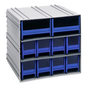 The Quantum Interlocking Storage Cabinets (11-3/8D x 11-3/4W x 11H) feature removable blue drawers with two dividers and front windows. The gray cabinet interlocks horizontally or vertically and can be wall-mounted. Made in the USA, its perfect for organizing small items efficiently.