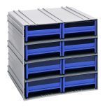 The Quantum Interlocking Storage Cabinets, 11-3/8D x 11-3/4W x 11H, feature grey exteriors with blue drawers and include (8) IDR203. They interlock horizontally and vertically or can be wall-mounted. Each drawer has windows and comes with (2) dividers. Made in the USA.