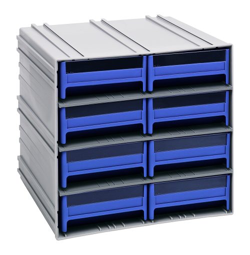 The Quantum Interlocking Storage Cabinets, 11-3/8D x 11-3/4W x 11H, feature grey exteriors with blue drawers and include (8) IDR203. They interlock horizontally and vertically or can be wall-mounted. Each drawer has windows and comes with (2) dividers. Made in the USA.